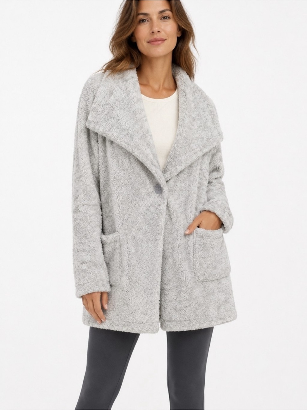 Soft Surroundings Hug-Me Plush Cardigan Super Plush Sherpa Soft Gray ONE SIZE